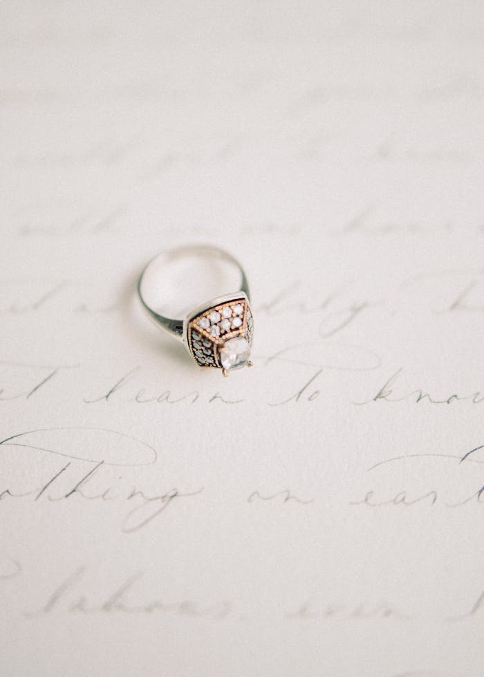pexels-photo-4544809 Elegant vintage diamond ring on a handwritten cursive background. Perfect for jewelry and wedding themes.